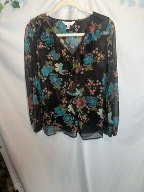 LC Lauren Conrad Black Sheer Floral Ruffle Blouse with Teal and Pink Flowers